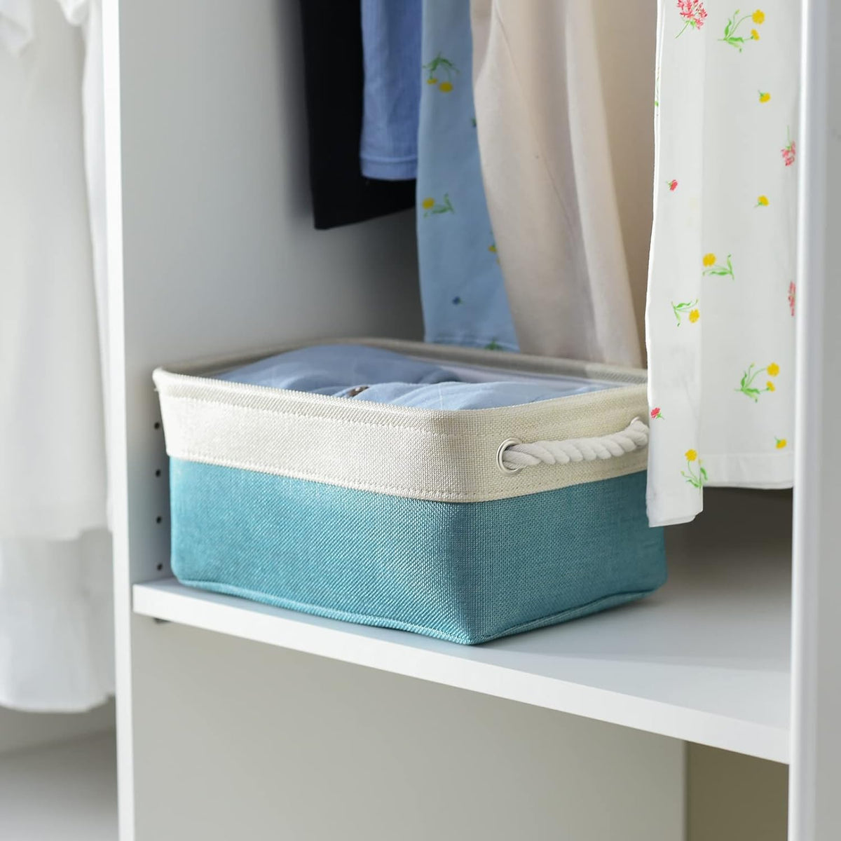 TheWarmHome Fabric Storage Bin with Handles,Storage Basket for Home Storage and Organization, Shelf Basket with Cover for Living Room Bedroom Decor Closet（White & Green,Small ,11.8L×7.9W×5.2H