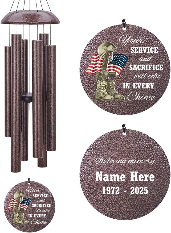36inch Personalized Wind Chimes, Memorial Wind Chimes for US Veteran, Wind Chime for Loss of Loved Dad/Mom, Sympathy Memorial Gifts, Thank You Veteran Solider, Outdoor Decor