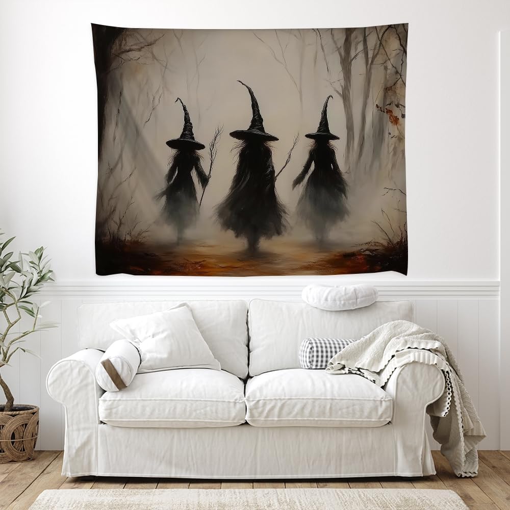 Witchy Halloween Tapestry Wall Hanging Vintage Spooky Witch Room Print Dark Academia Autumn Forest Three Witches Tapestries Decor for Halloween Living Room Bedroom Decoration 50x60inch