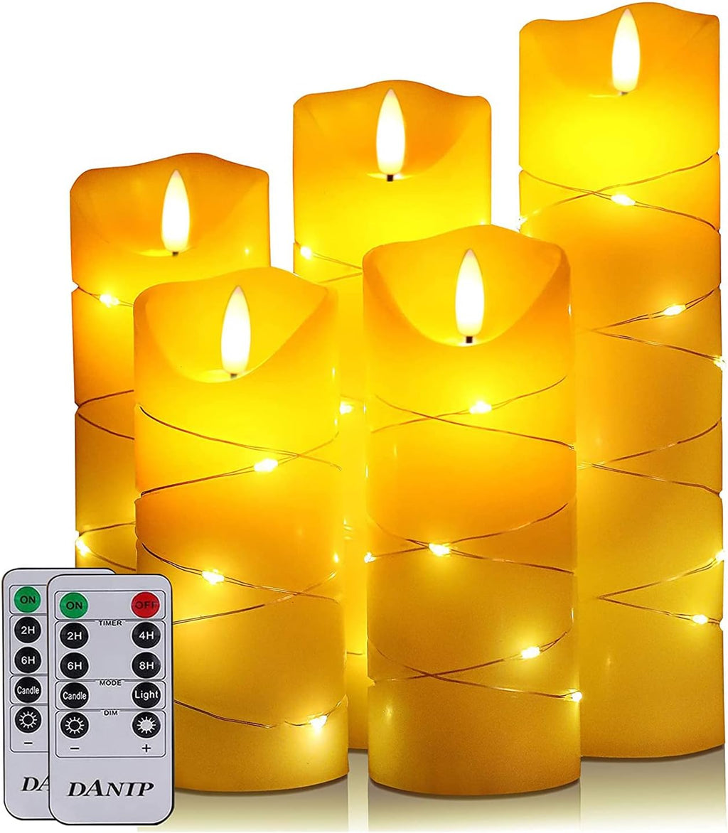 danip flameless Candle, with Embedded String Lights, 5-Piece LED Candles, with 10-Key Remote Control, 24-Hour Timer Function, Dancing Flame, Real Wax, Battery-Powered. (Ivory White)