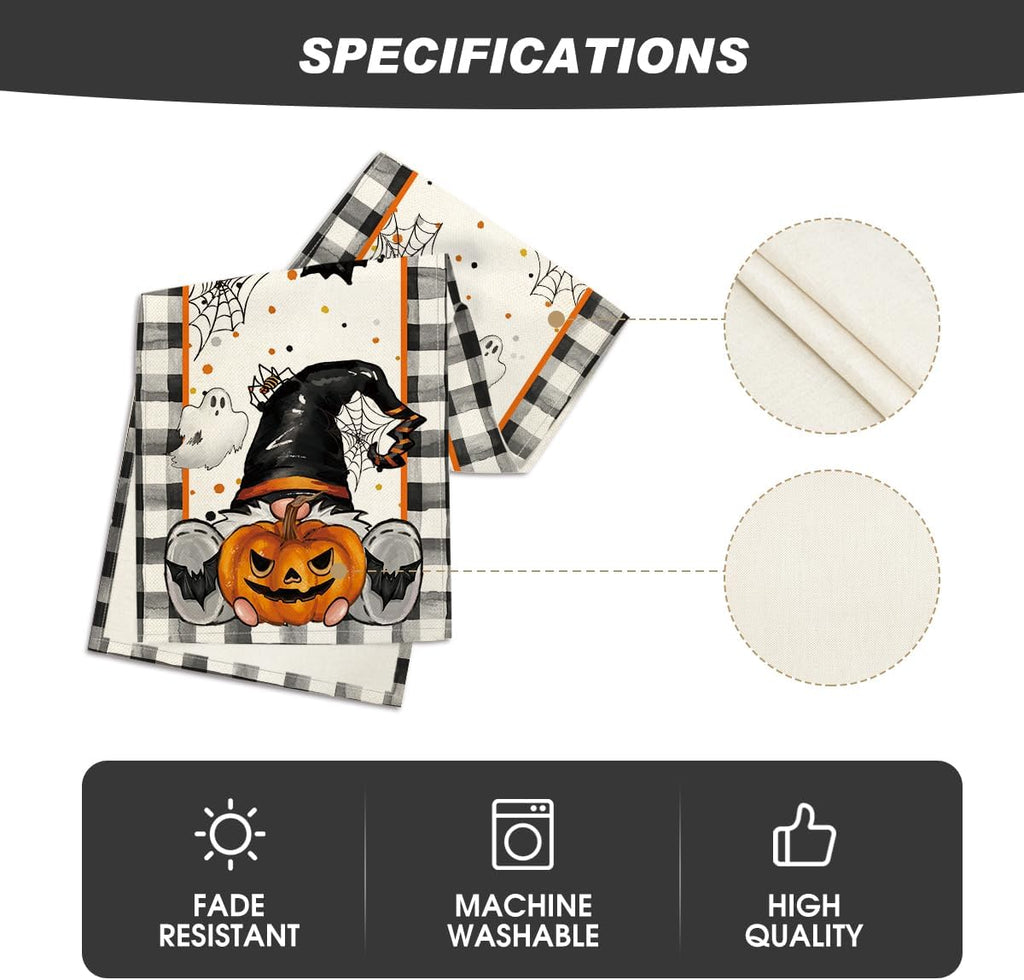 Artoid Mode Buffalo Plaid Gnome Bat Pumpkin Ghost Halloween Table Runner, Sensonal Kitchen Dining Table Decor for Home Party 13x60 Inch