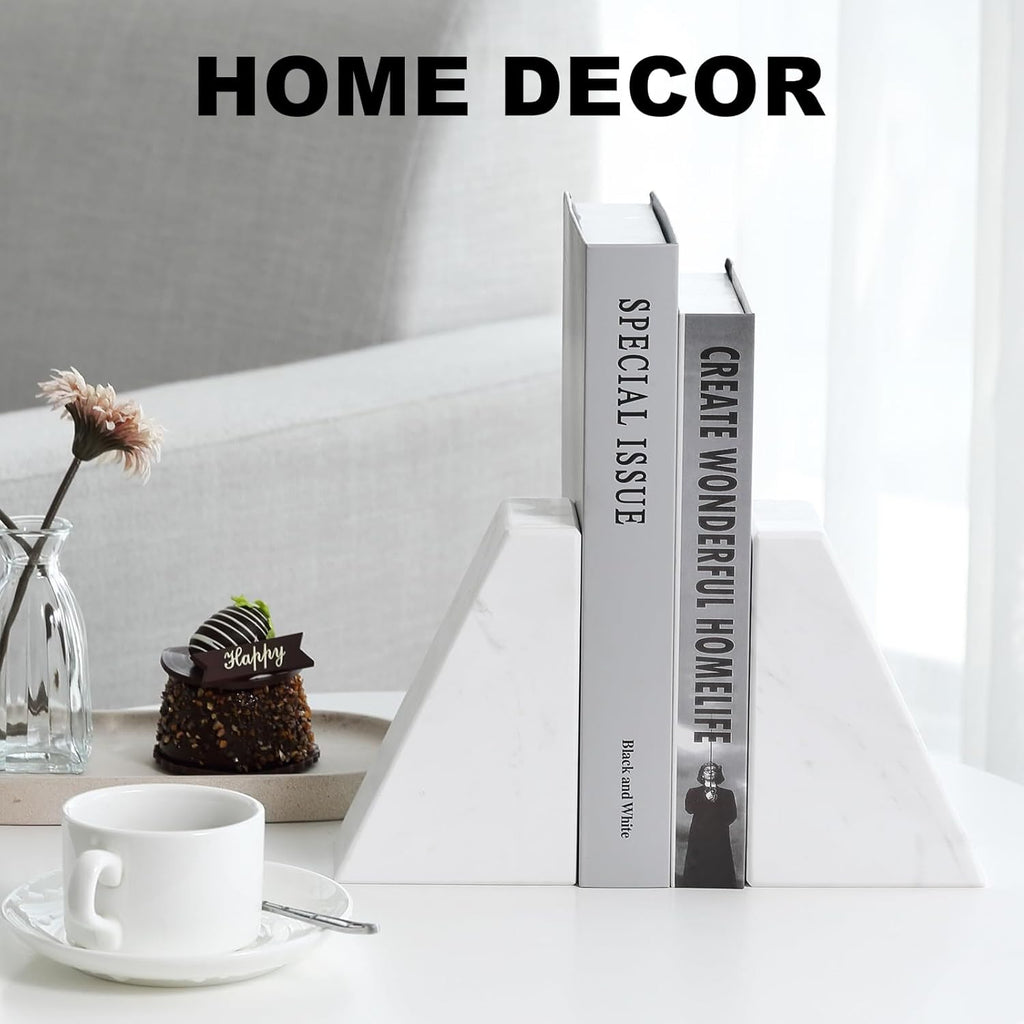 Marble Bookends for Heavy Books, Decorative Book Ends for Shelves, White Stone Durable and Heavy-Duty Book Ends for Hardback Books & CDS, Unique Book Stopper & Holder, Set of 2