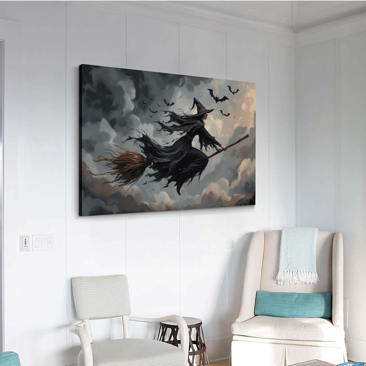 JFHCQJPK Witch and bat flying Halloween poster suitable for home party wall decoration retro Halloween preppy style wall art canvas print suitable for room decoration8x12in Frameless