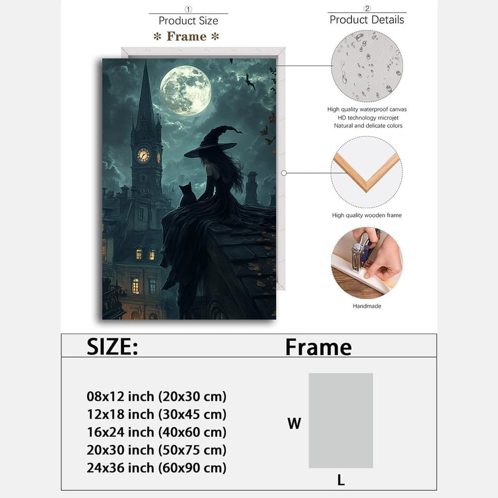 Halloween Witch Black Cat Wall Art,Magical Moon Witch on Roof with Black Cat at Night Scene Painting Haunting Dark Witches Canvas Print for Haunted House Party Decor Poster,24"x36" Framed