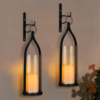Metal Wall Sconce Candle Lantern Set of 2 - Black Wall Mounted Hanging Holder with Glass & Candles Vintage Wall Decor for Porch, Living Room, Dining Room, Bedroom Indoor Decor