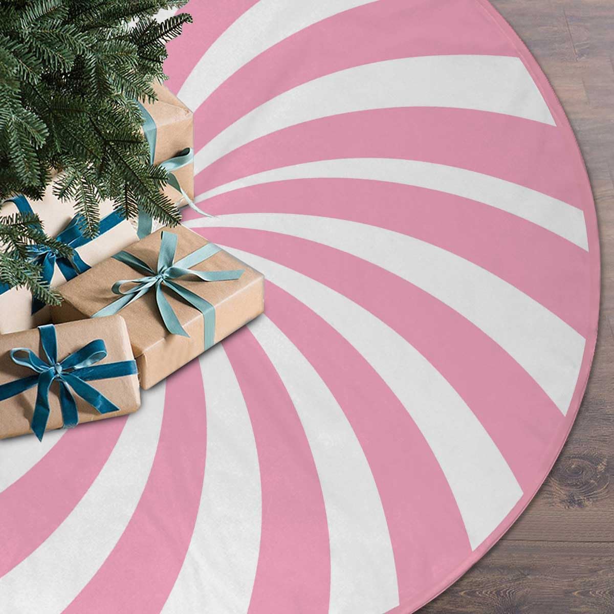 Swirl Stripe Christmas Tree Skirt 30 inches Sweet Candy Cane Pink Christmas Decorations Xmas Tree Mat Holiday Party Home Decorations (Pink, 30in)