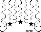 Party Star Swirl Decorations, Black Foil Ceiling Hanging Swirl Decorations with Star, Whirls Decorations For Birthday | Wedding | Anniversary | Graduation Party Supplies, Pack of 30