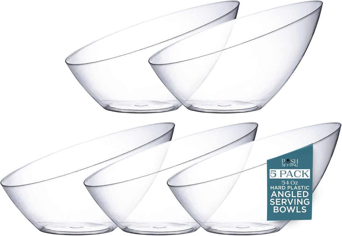 Posh Setting - Clear Plastic Serving Bowls for Party Angled Bowls Disposable Chip Bowls Candy Bowls for Party Table Salad and Fruit Bowls for Party Wedding Serving Bowls-Clear, 54 OZ, 5 Pack