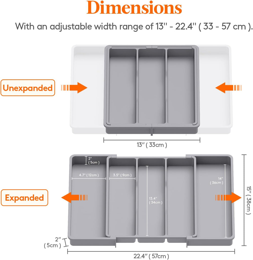 Lifewit Utensil Organizer for Kitchen Drawers, Expandable Cooking Utensil Tray, Adjustable Cutlery Silverware Flatware Holder, Plastic Kitchen Spatula Tools and Gadgets Storage Divider, Large, Gray