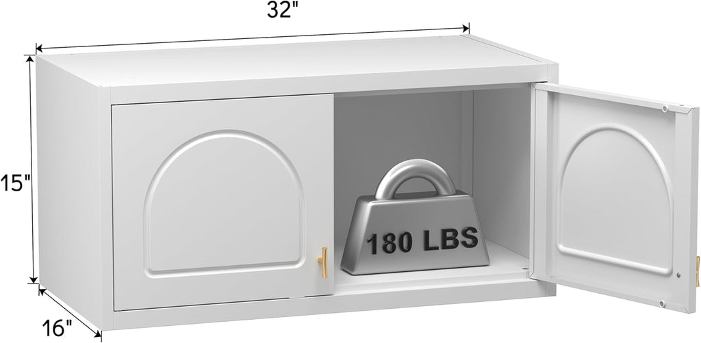 Wall Cabinet with Doors, Small Hanging Cabinet for Kitchen Pantry, Metal Overhead Cabinets for Dining, Living Room, Bathroom, 16" D x 32" W x 15" H, White, Assembly Required