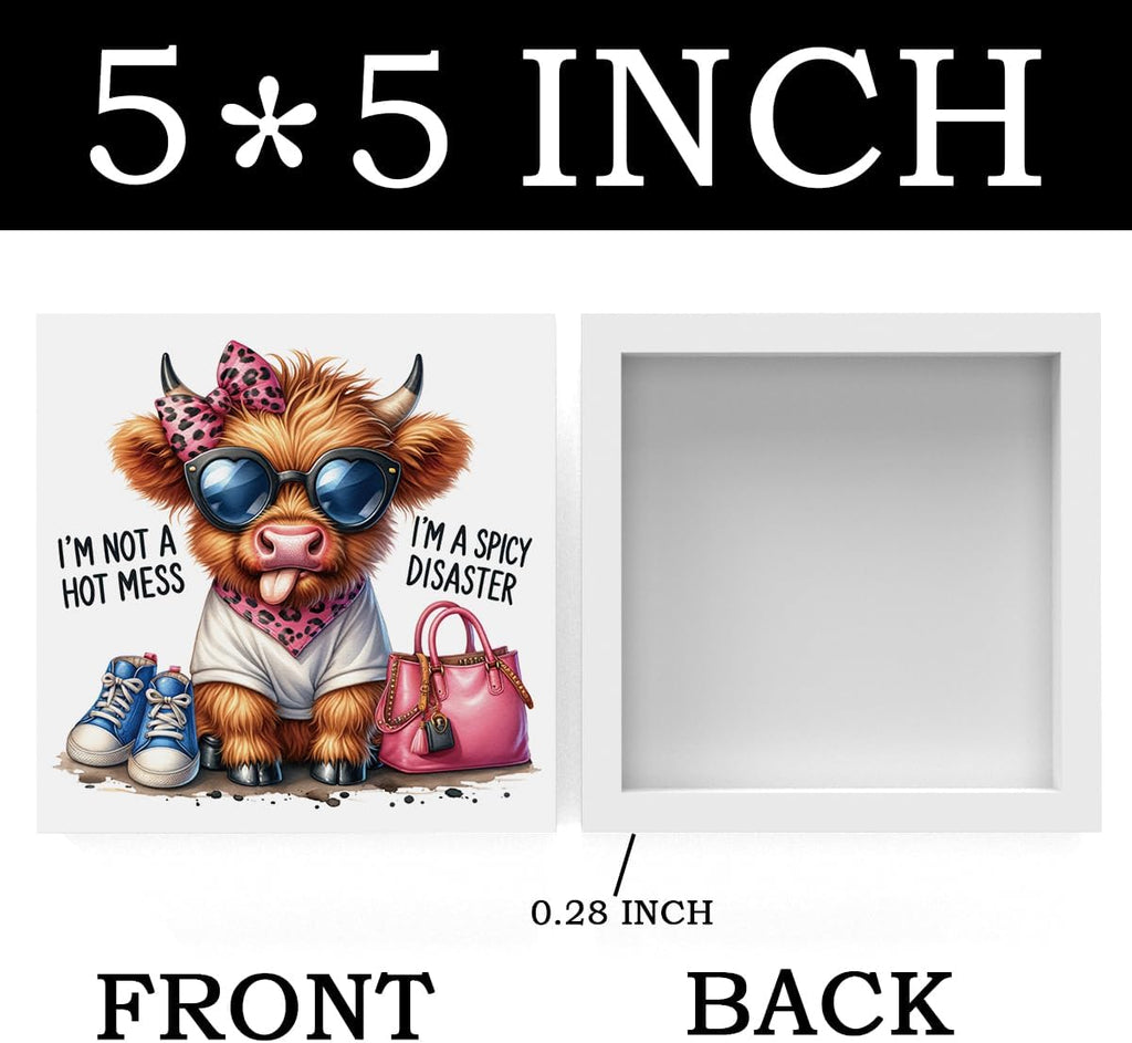 Funny Cute Highland Cow Baby Decor, Cow With Pink Bow, Highland Cow Gifts for women, Western Highland Cow Nursery Decor, Wooden Box Decor Sign for Home Farmhouse Office Living Room Table Shelf