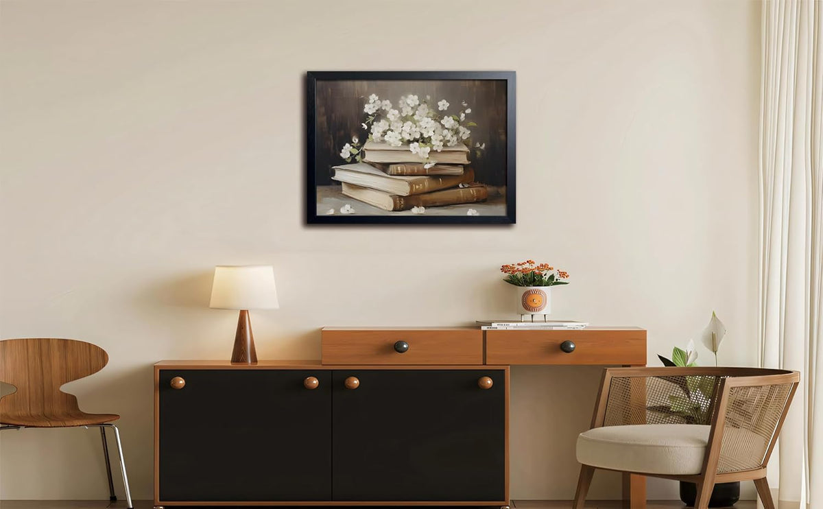 Wood Framed Canvas Poster Print Wall Art, Vintage Floral Book Wall Decor Oil Painting, Dark Academia Room Aesthetics Picture for Bathroom Classroom Dormitory room Decor 16x24 inch
