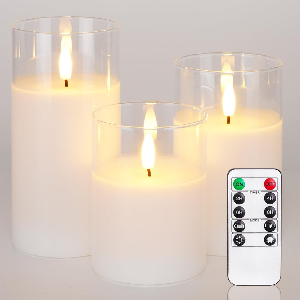 Homemory Clear Glass Flameless Candles, Pure White Wax Battery Operated Candles, LED Pillar Candles with Remote Control and Timers, D3 H4 5" 6", Set of 3