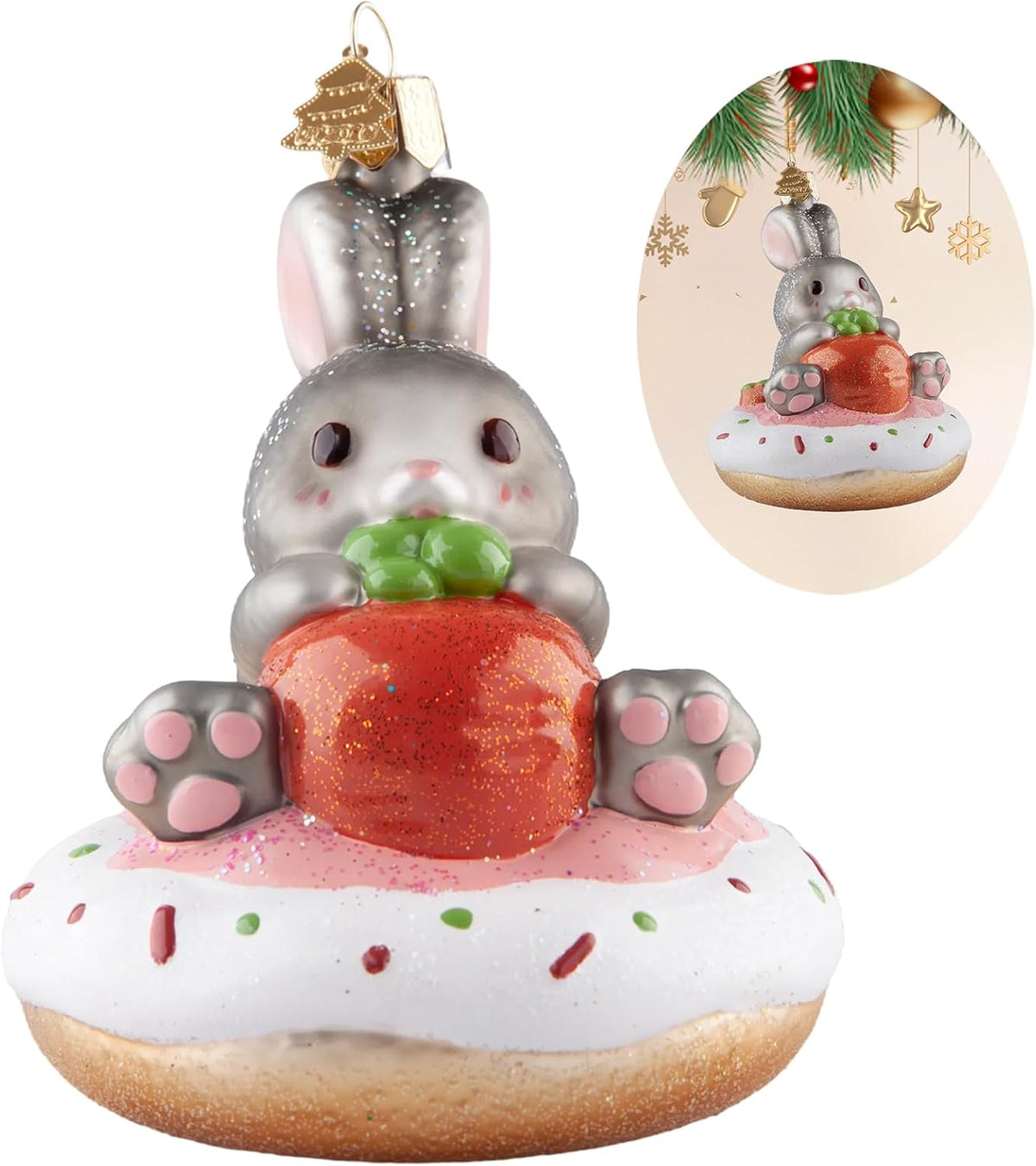 Rabbit Donut Christmas Tree Ornaments,Blown Glass Ornaments,Personalized Rabbit Collection Hanging Ornaments,Donut Pendant Ornament,Christmas Decorations for Animal Lovers Holiday Party Gifts