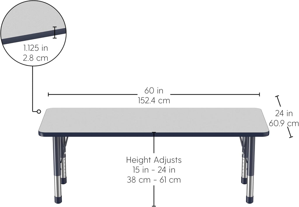 Factory Direct Partners FDP Rectangle Activity School and Classroom Kids Table (24 x 60 inch), Chunky Toddler Legs, Adjustable Height 15-24 inches - Gray Top and Navy Edge