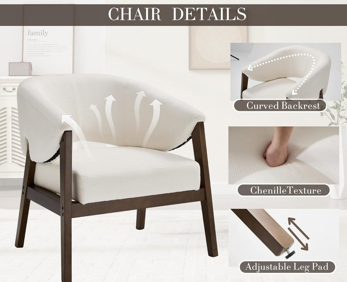 Mid-Century Modern Accent Chairs Set of 2, Comfy Barrel Armchairs with Wide Seat, Upholstered Lounge Chairs with Walnut Wood Legs for Living Room/Bedroom/Reading Corner, Chenille, Beige