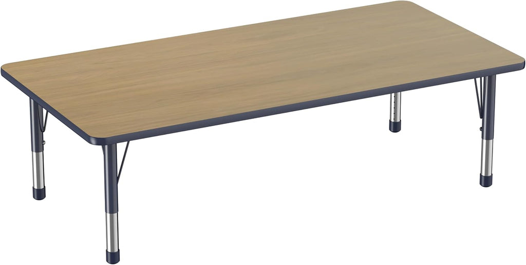 FDP Rectangle (36 x 72 inch) Classroom Table with Adjustable Chunky Toddler Legs (15-24 in); Preschool, Kinder and Daycare Furniture - Pasadena Oak Top/Navy Edge and Legs