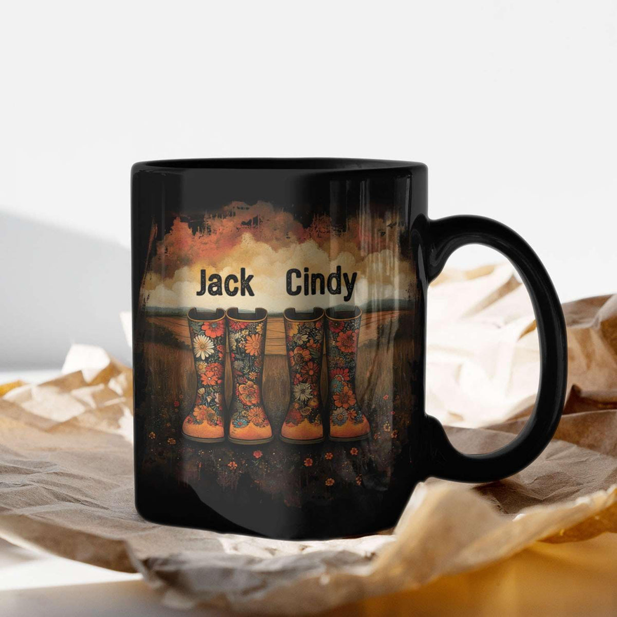 Custom Couple Mug with Floral Boots Design, Personalized Name Coffee Mug 11oz 15oz, Fall Inspired Ceramic Coffee Cup, Custom Autumn Scene Black Cup, Gifts for Boyfriend, Girlfriend