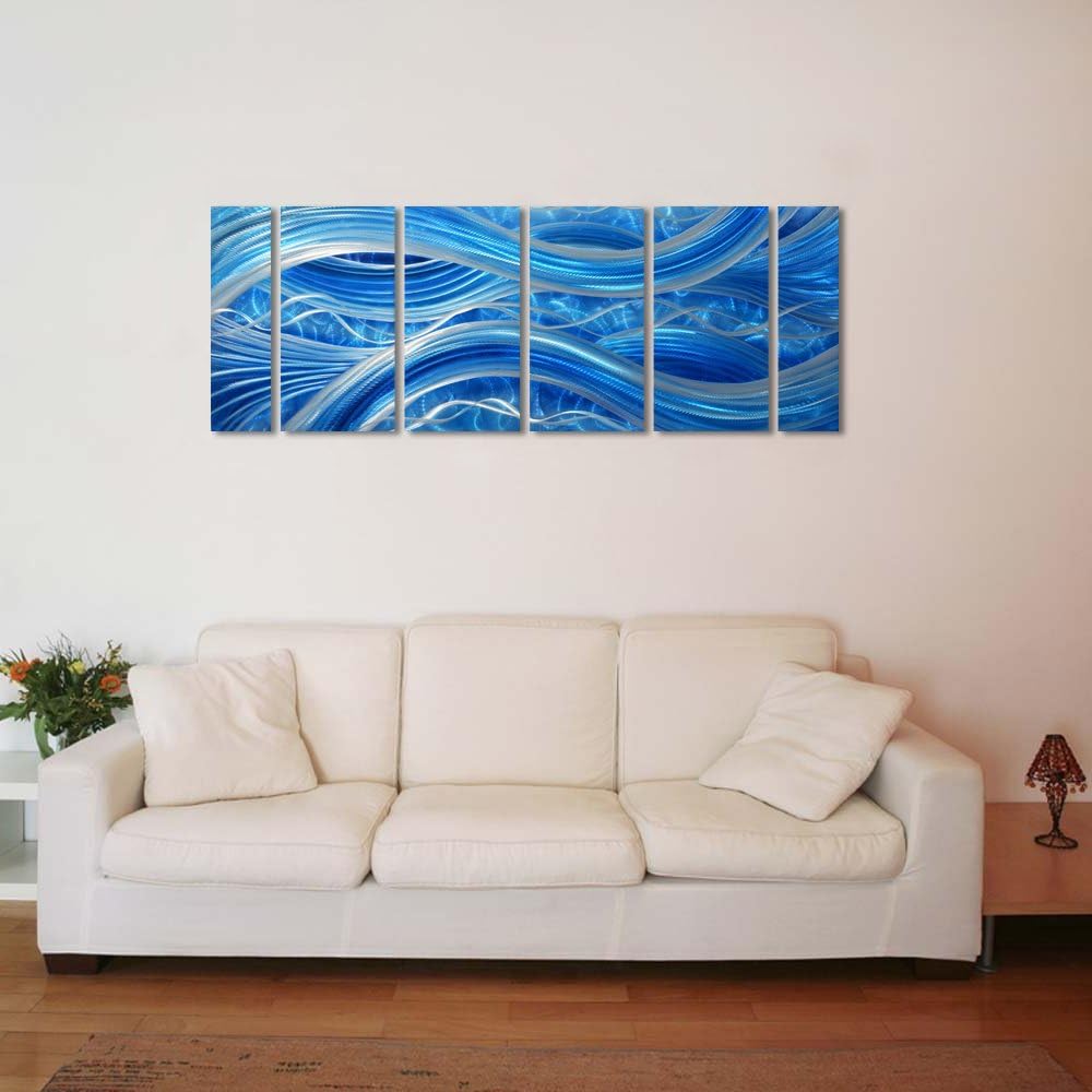 MyArton Handmade Abstract Metal Wall Art with Soft Color, Large Scale Decor in Blue Line Design, 3D Artwork for Indoor Outdoor Wall Decorations, 6-Panels Metal Art Measure 24"x 65"