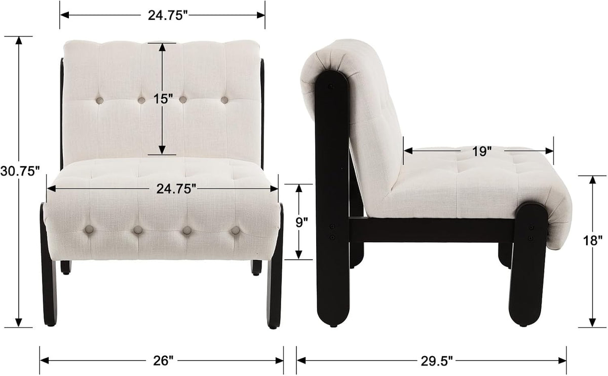 Modern Armless Accent Chair for Living Room, Beige Chenille Button Tufted Upholstered Lounge Reading Chair with Black Wood Frame