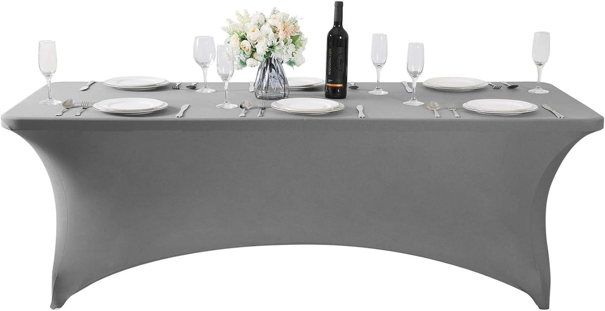SuperO 2Pack Waterproof Spandex Table Cover for 8FT Table Universal Fitted Stretch Tablecloth for Party, Banquet, Wedding and Events-Gray