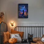 Vintage Halloween Witch Decor Mystic Gothic Wall Art Poster,Enchanting Witch Fall Whimsical Wildflowers Woodland Forest Crescent Moon Picture Art,Creepy Witchy Home Decor,16"x24" Framed