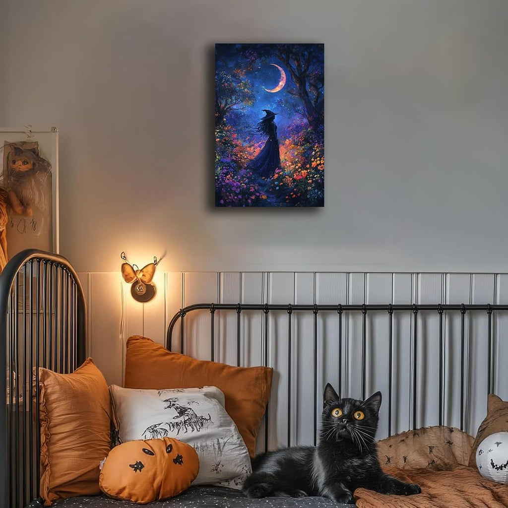 Vintage Halloween Witch Decor Mystic Gothic Wall Art Poster,Enchanting Witch Fall Whimsical Wildflowers Woodland Forest Crescent Moon Picture Art,Creepy Witchy Home Decor,24"x36" Unframed