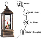 Christmas Snow Globe Lantern Water Glittering Cardinal & Church with Music & Timer, USB Lined/Battery Operated Lighted Lantern for Christmas Festival Decoration Gifts