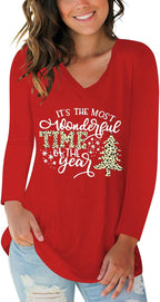 Tobrief Women's Long Sleeve V-Neck Shirts Fall Graphic Tees Loose Casual T-Shirt