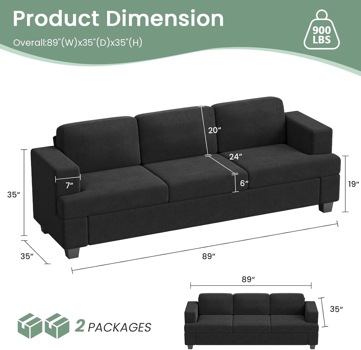 2 Piece Set Comfy Sofa Couch, 2 3-Seater Sofa with Deep Seats, Modern Sleeper Couch for Living Room, Dark Grey Chenille