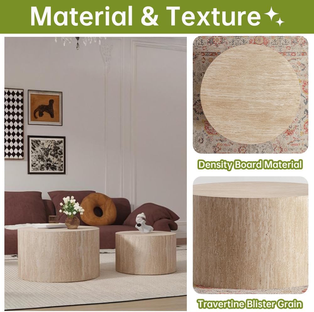 Round Nesting Coffee Table Set of 2 Small Round Coffee Tables for Living Room Modern Fluted Coffee Table Circular End Table Side Table for Small Spaces No Assembly (Travertine, 27 in)
