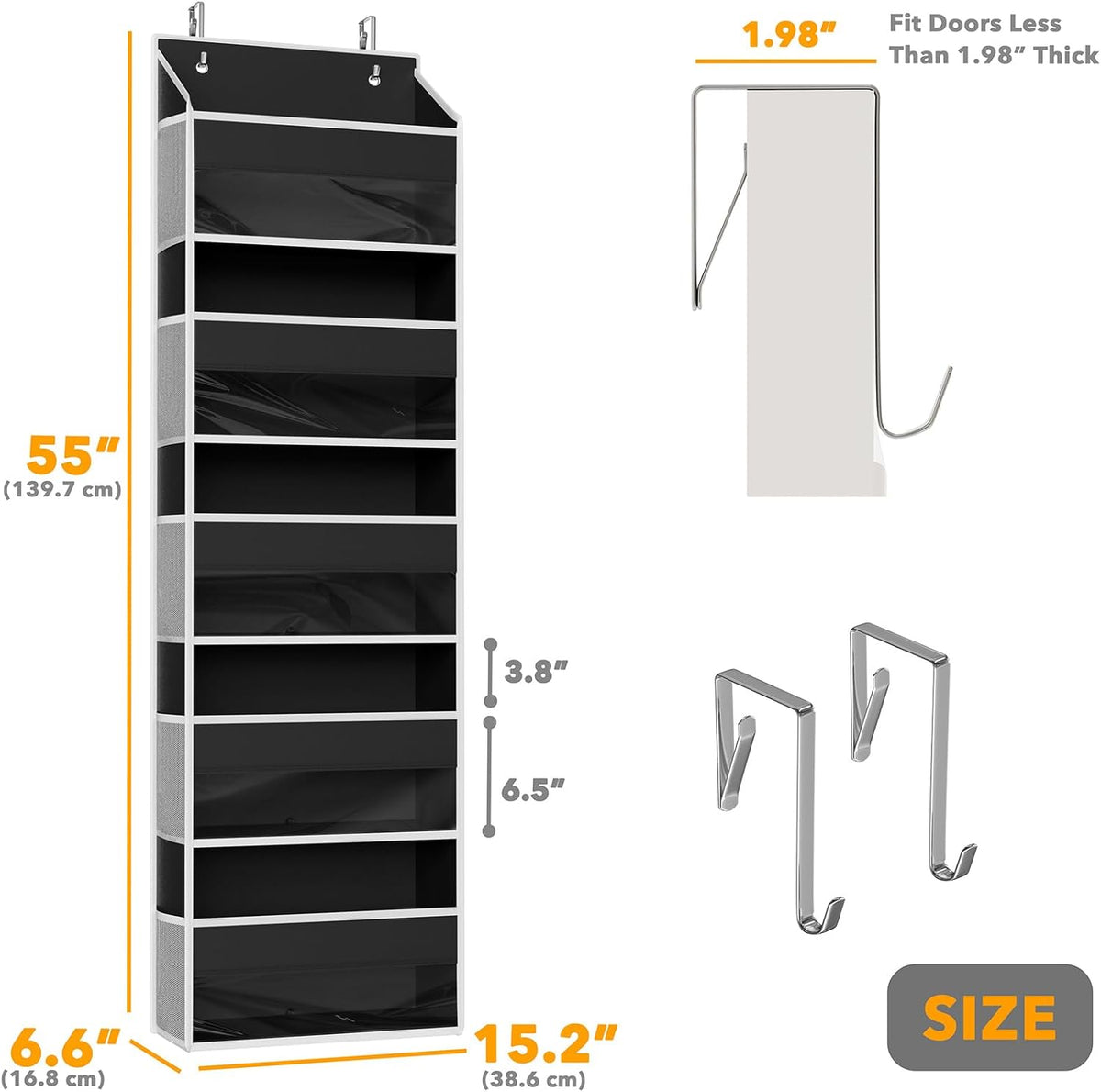SpaceAid 1 Pack Over The Door Organizer with 5 Large Pockets and 10 Mesh Side Pockets, 5 Layers Door Organizer Hanging with Clear Window for Bedroom, Bathroom, Pantry and Nursery, Black