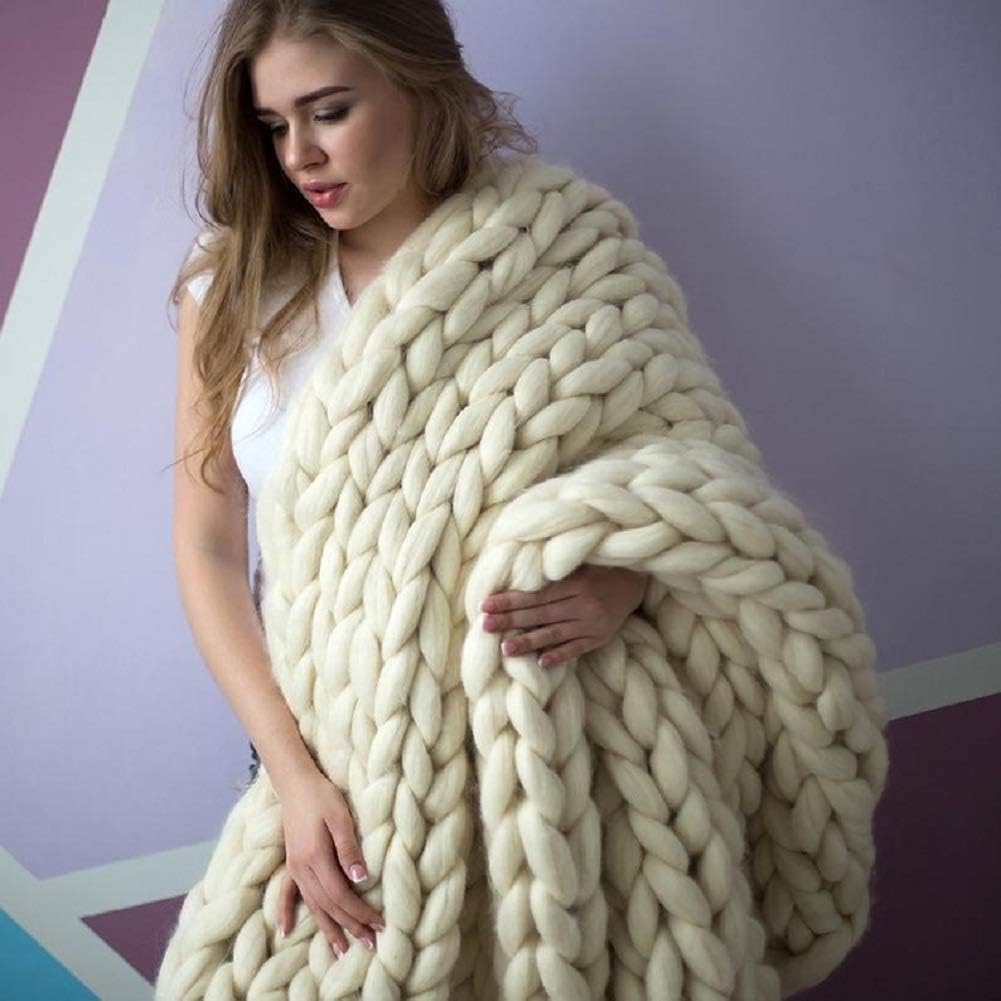 Chunky Knit Blanket Hand Made Merino Wool Throw Boho Bedroom Sofa Home Decor Giant Yarn(Ivory White 60"x80")