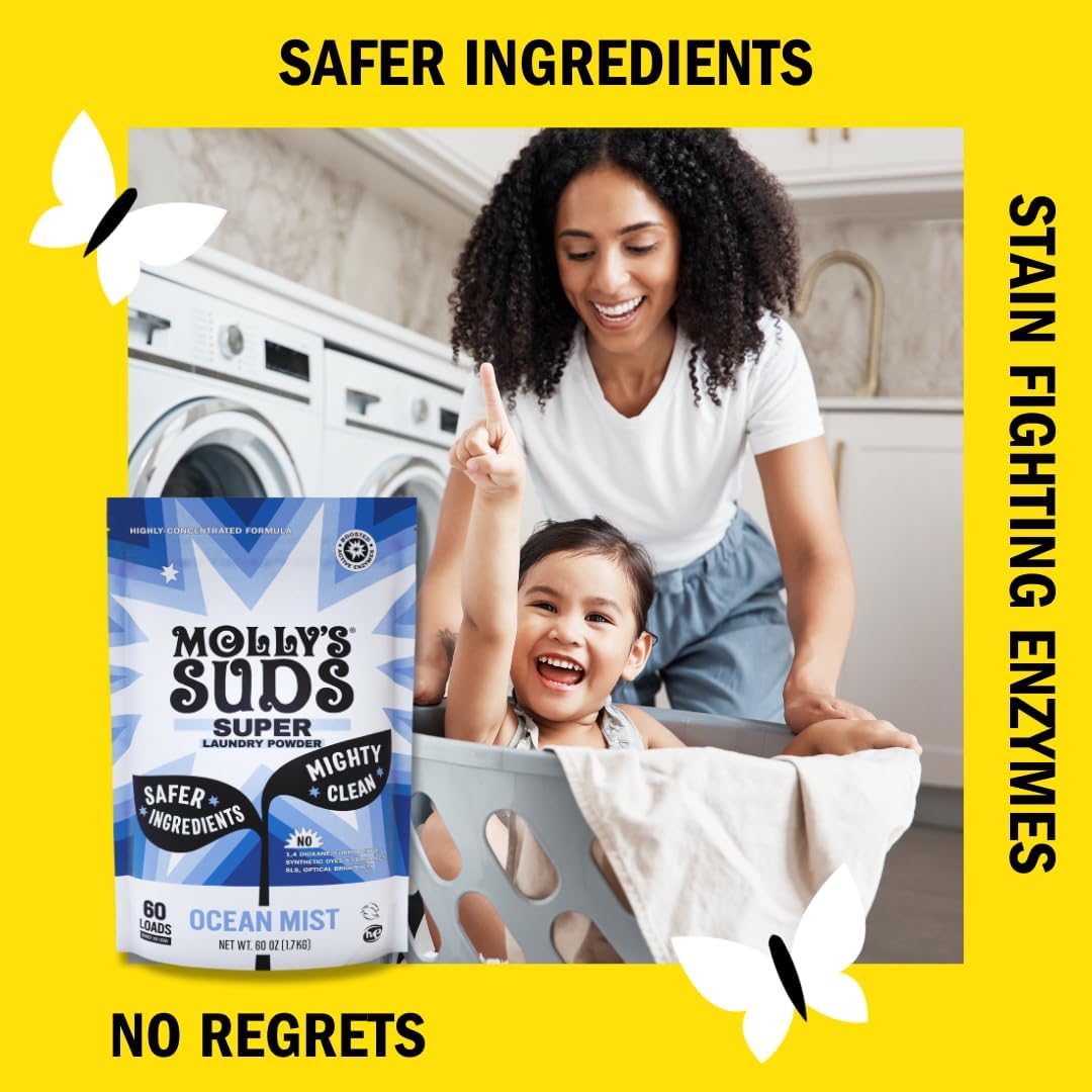 Molly's Suds Super Powder Detergent | Extra Strength Laundry Soap, Stain Fighting | Sensitive Skin | Simple, Effective Ingredients | 60 Loads - Ocean Mist