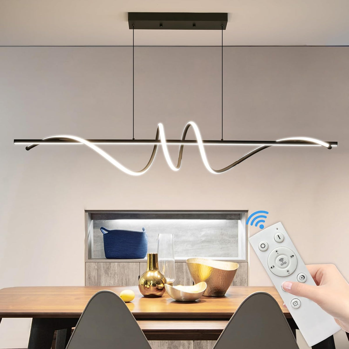 Modern Ceiling Chandelier Light, Anti Flicker Pendant Lamp with Remote Control Dimmable 3 Color Mode & Brightness (Warm Cool Neutral Light) for Kitchen Bar