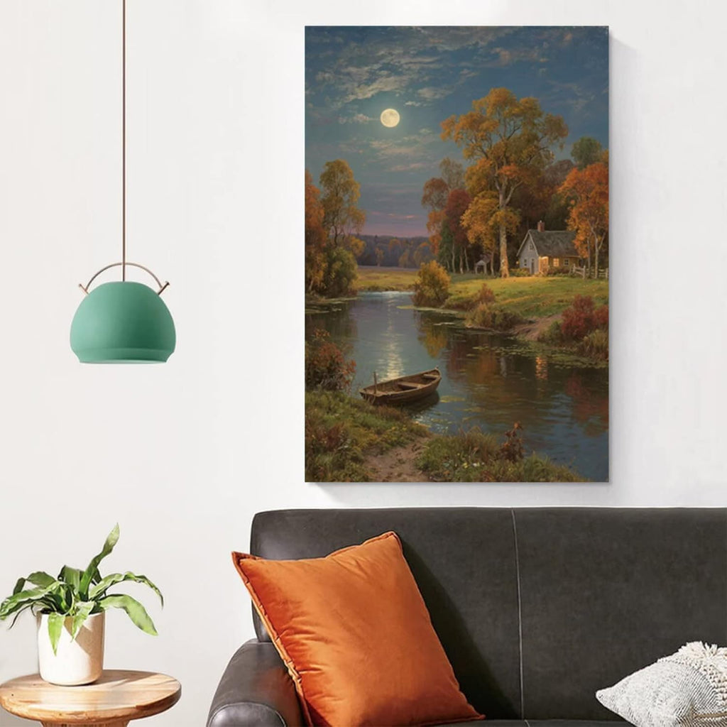 Small house by the stream under the moonlight tranquil style suitable for living room bedroom and office landscape poster wall art