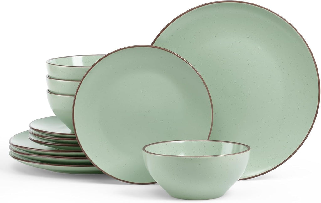 Famiware Venus Plates and Bowls Sets, 12 Pieces Stoneware Speckled Dinnerware Sets, Dishes Set for 4, Microwave and Dishwasher Safe, Matte Light Green