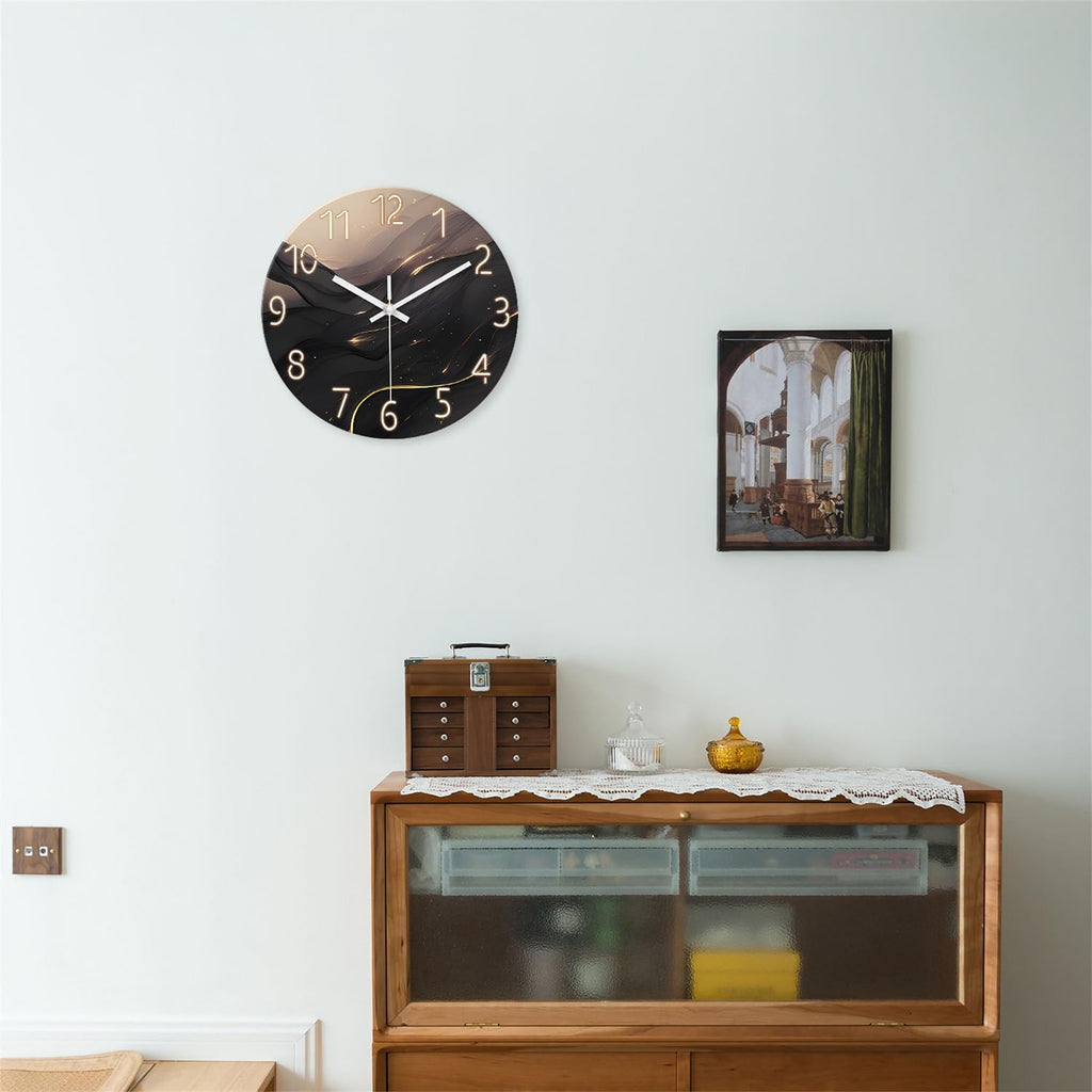 Large Wall Clocks Battery Operated 16 Inch Marble Glass Wall Clock for Living Room Black and Glod Wall Clock Silent Non Ticking
