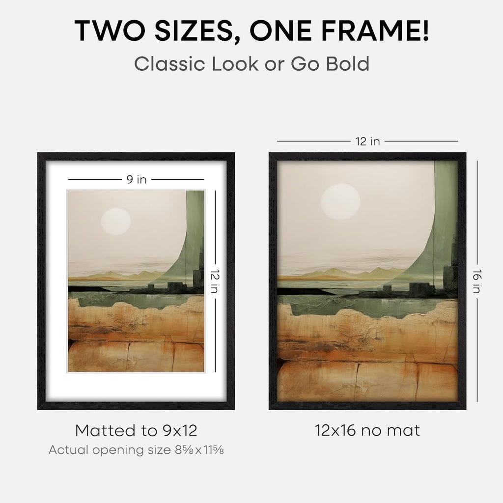 Homeforia 12x16 Black Wood Picture Frame, High End Oak 12x16 Poster Frames with Mat 9x12 Print, 12 x 16 Black Wooden Frame Matted to 9 by 12 Photo, 16x12 Thin Frame, Tempered Glass, Wall Kit, Set of 1