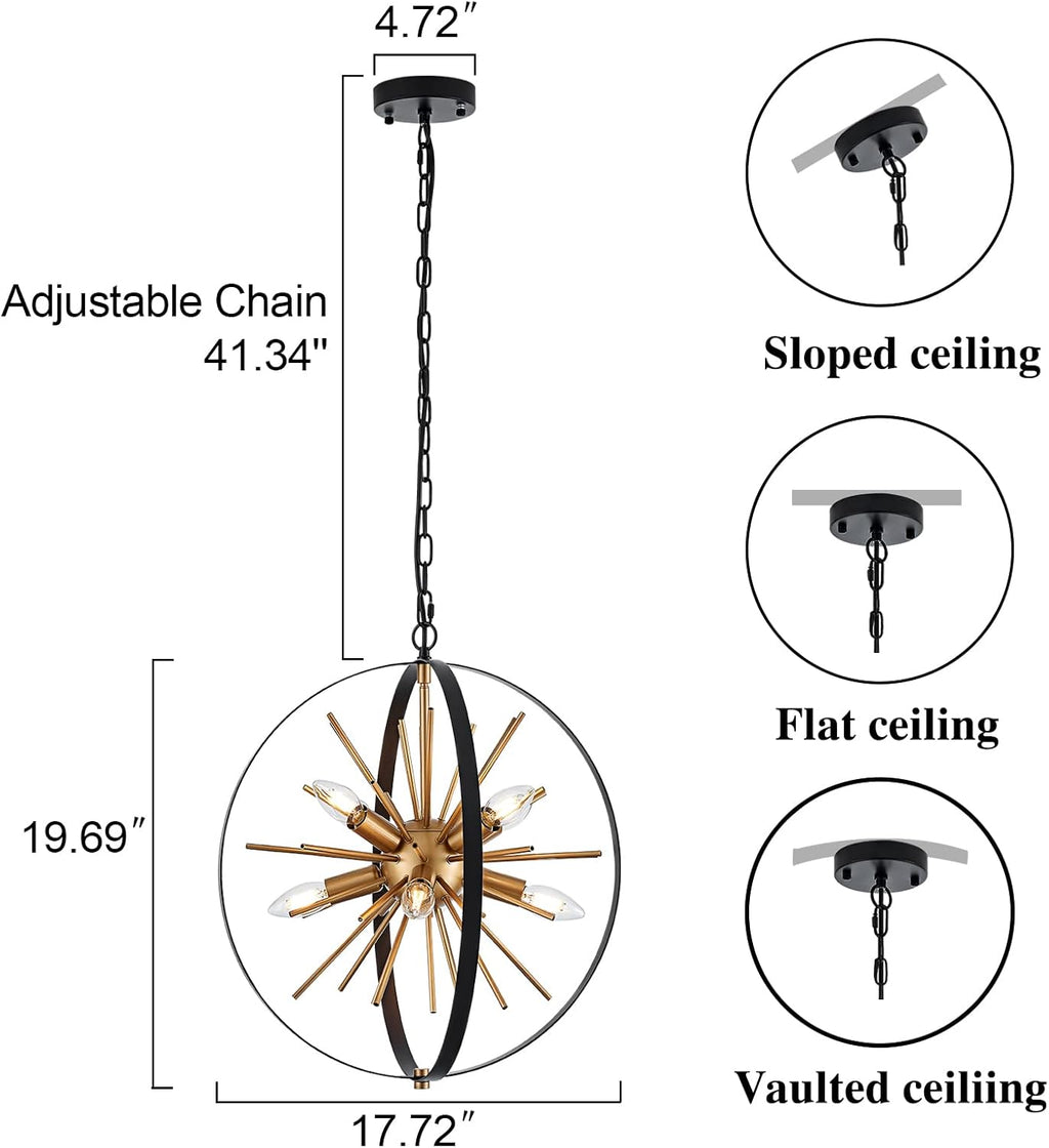 17.72'' Black Gold 8-Light Globe Sputnik Chandelier Modern Industrial Adjustable Hanging Ceiling Firework Pendant Light Fixture for Entryway Stairway Kitchen Dining Living Room Hallway