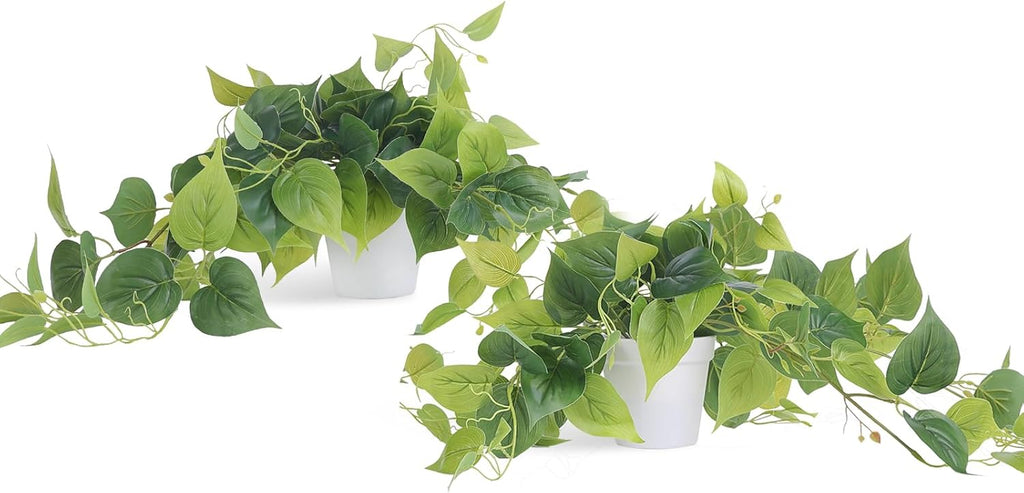 Tiita 2 Pack Fake Plants Artificial Scindapsus Aureus in Pots, Realistic Fake Greenery Potted Plants for Home Office Desk Window Sill Bathroom Bedroom Outdoor Indoor