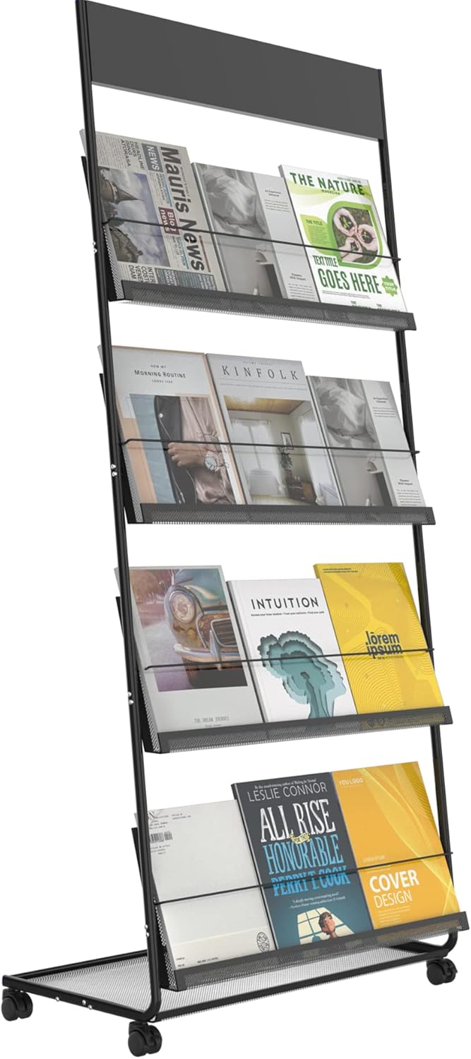 TONGMO Magazine Rack: Floor-Standing 4-Layer with Wheels, Brochure Display Stand, High-hardness metal for Exhibitions, Office, and Any Organization Requiring Information Display(Black)