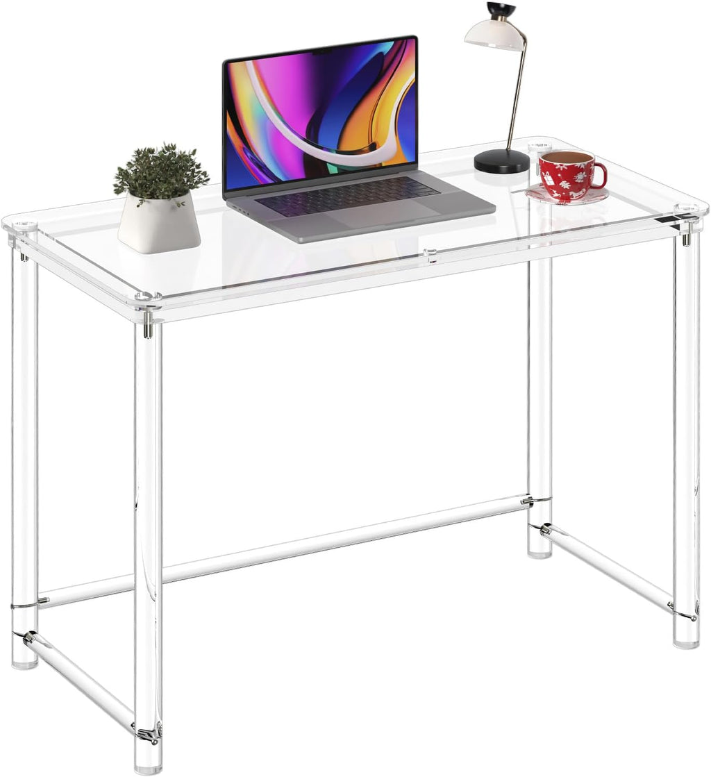 HMYHUM Acrylic Desk, Clear Desk for Home Office for Laptop, Study, Writing, Vanity Table with Cylindrical Legs, Modern, Easy Assembly, 39.4" L x 19.7" W x 29.5" H