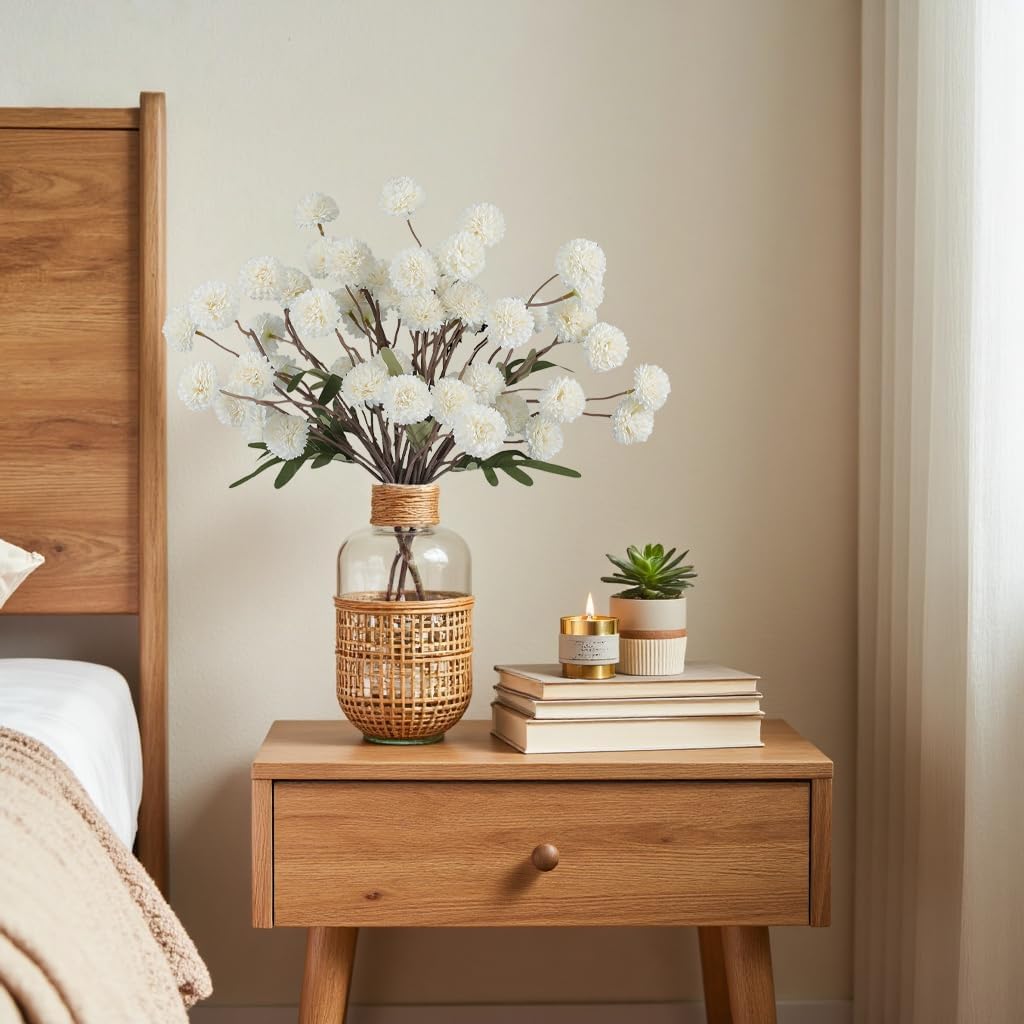 Faux White Kiku Flowers 10 Stems & 2 Eucalyptus, Fake Mums Pompon Flower Ball, Autumn Artificial Chrysanthemums Flowers for Boho Bedroom Decor, Silk Mini Faux Kiku Flower Wedding Arrangements Decor