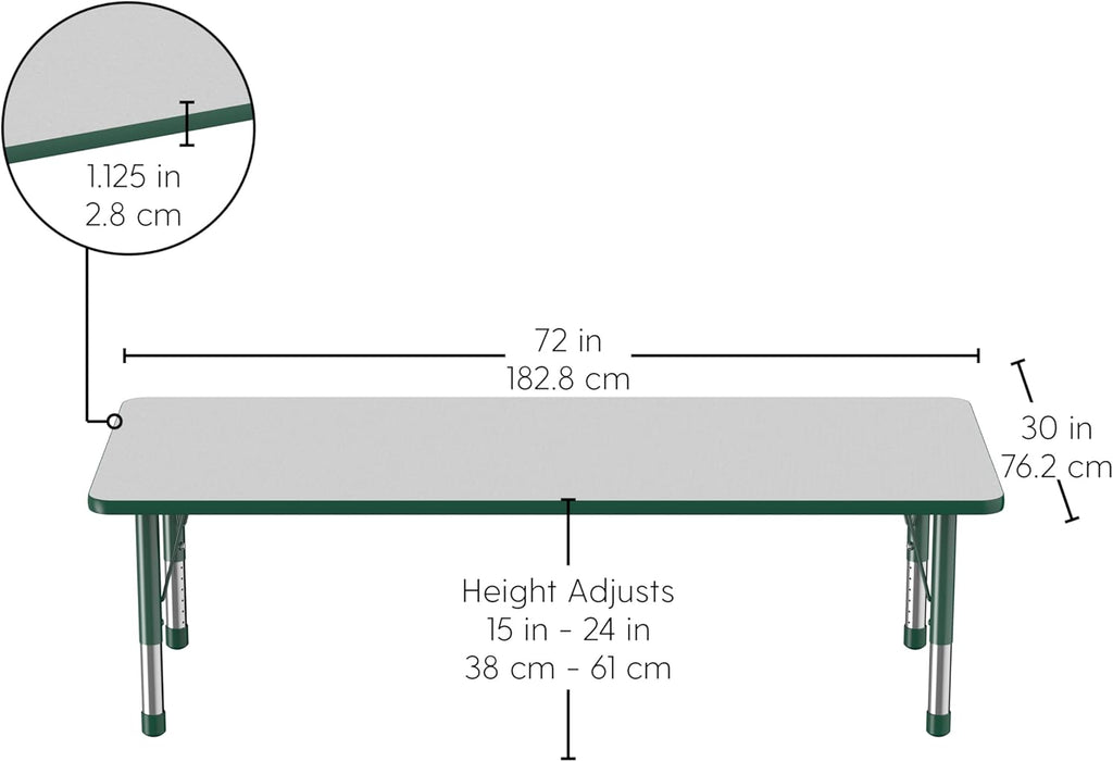 FDP Rectangle Activity School and Classroom Kids Table (30 x 72 inch), Chunky Toddler Leg, Adjustable Height 15-24 inches - Gray Top and Green Edge