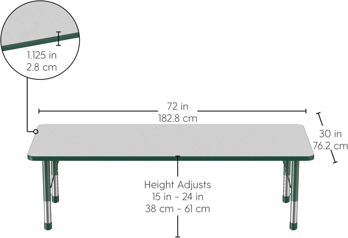 FDP Rectangle Activity School and Classroom Kids Table (30 x 72 inch), Chunky Toddler Leg, Adjustable Height 15-24 inches - Gray Top and Green Edge