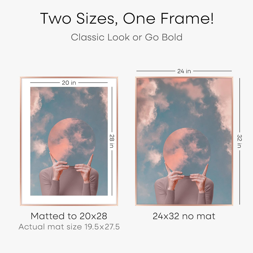 Homeforia 24x32 Rose Gold Picture Frame, High End Metal 24x32 Poster Frames with Mat 20x28 inch Photo, 24 x 32 Thin Frame Matted to 20 x 28 Print, 32x24 Large Frame, Tempered Glass, Wall Kit, Set of 1
