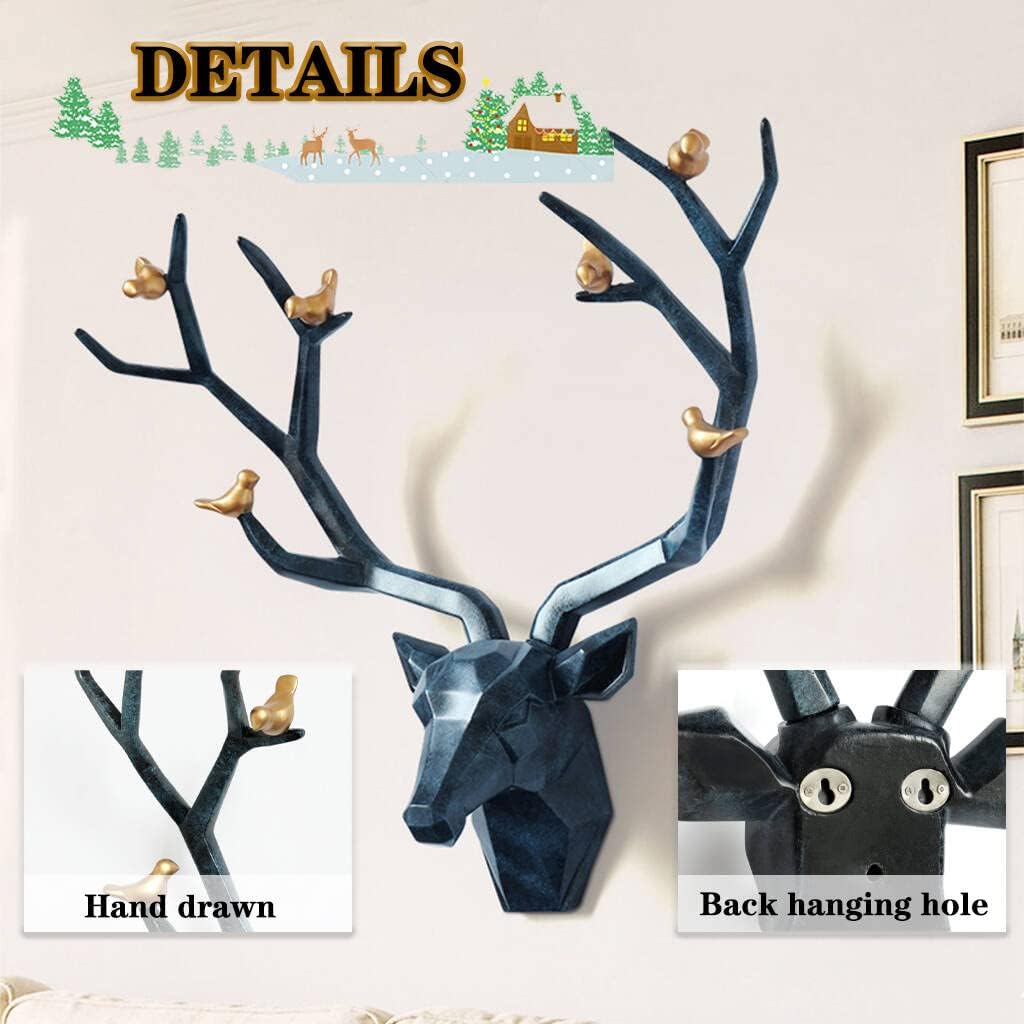 ZRAGEK Rustic Geometric Deer Head Wall Decor, Faux Taxidermy Animal Head Wall Art, Blue, 21.8x15.7IN