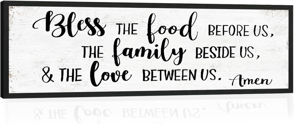 Bless the Food Before Us Wall Decor: Farmhouse Rustic Kitchen Signs Wall Decor Framed Hanging Wall Plaques 12" x 40",Inspirational Quotes The Family Beside Us Signs