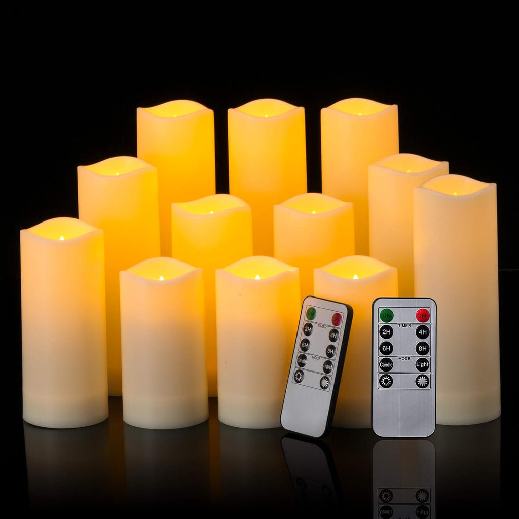 Waterproof Flickering Flameless Candles, Set of 12 Battery Operated Candles (D2.2'' x H4''5''6''7"), Outdoor Indoor Candles with 10-Key Timer Remote, Long Lasting